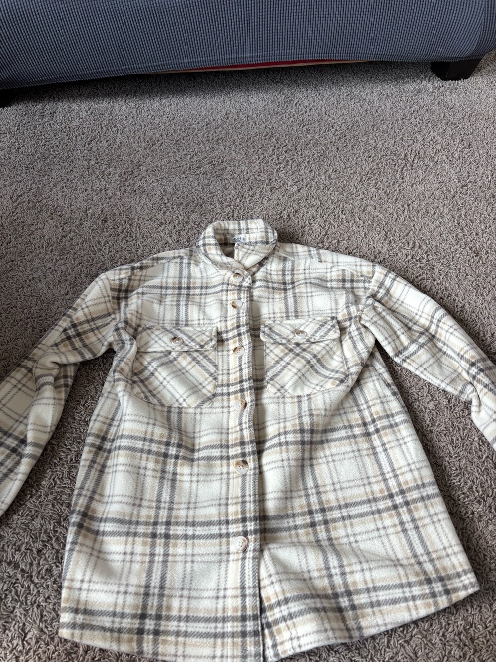 Ardene Cream Plaid Button-Up Jacket with Gray and Tan Stripes